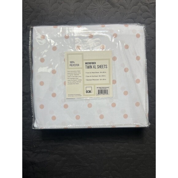 OCM Microfiber Twin XL 3 piece Sheet Set White & Pink Polka Dots NWT Dorm Living - Picture 1 of 7